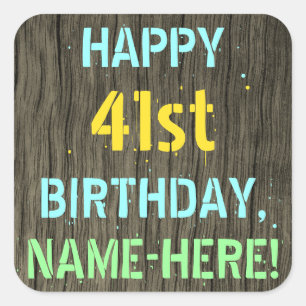 Sticker Carré Faux Wood, Peint Texte Look, 41e anniversaire + No