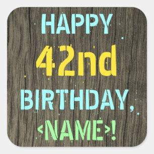 Sticker Carré Faux Wood, Peint Texte Look, 42e anniversaire + No