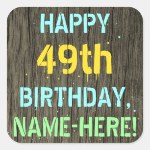 Sticker Carré Faux Wood, Peint Texte Look, 49e anniversaire + No