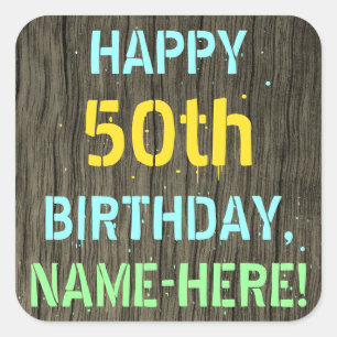 Sticker Carré Faux Wood, Peint Texte Look, 50e anniversaire + No