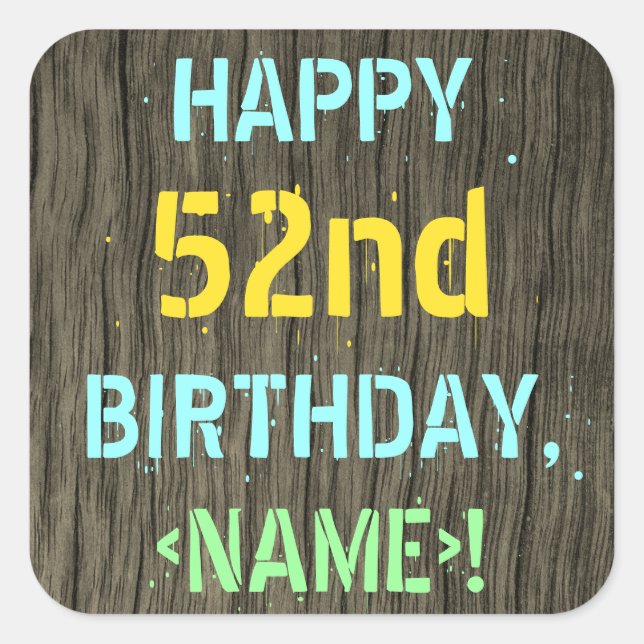 Sticker Carré Faux Wood, Peint Texte Look, 52e anniversaire + No (Devant)