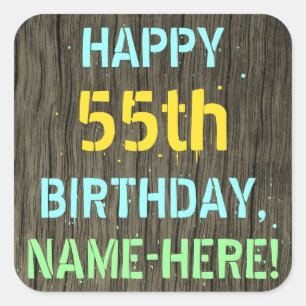 Sticker Carré Faux Wood, Peint Texte Look, 55e anniversaire + No