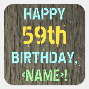 Sticker Carré Faux Wood, Peint Texte Look, 59e anniversaire + No