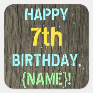 Sticker Carré Faux Wood, Peint Texte Look, 7e anniversaire + Nom