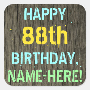Sticker Carré Faux Wood, Peint Texte Look, 88e anniversaire + No