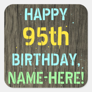 Sticker Carré Faux Wood, Peint Texte Look, 95e anniversaire + No
