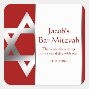 Sticker Carré Faveur argentée rouge de Mitzvah de barre d'étoi