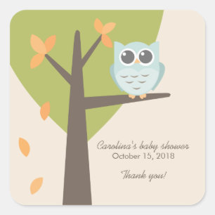 Sticker Carré Faveur bleue de baby shower de hibou de branche