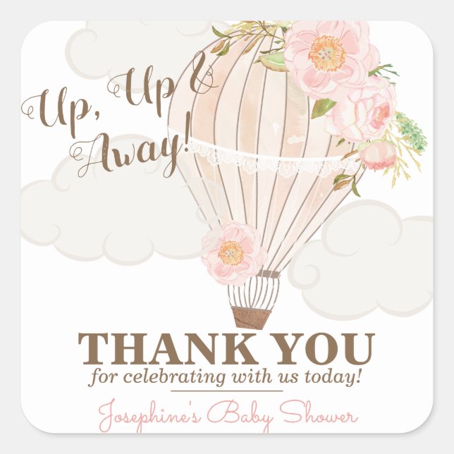 Sticker Carré Faveur de Baby Shower Fille Montgolfière Rose Past (Devant)