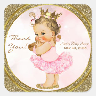Sticker Carré Faveur de bébé princesse vintage paillettes or ros