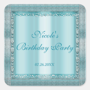 Sticker Carré Faveur de fête Aqua Teal Blue & Silver Diamond Bli