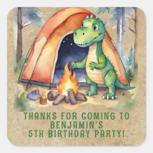 Sticker Carré Faveur de fête d'anniversaire Campement de dinosau