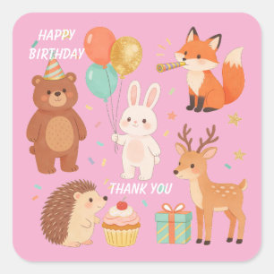 Sticker Carré Faveur de fête d'anniversaire d'animal de la forêt