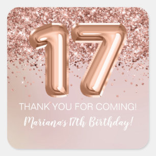 Sticker Carré Faveur de fête d'anniversaire de 17 ans pour fille