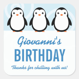 Sticker Carré Faveur de fête d'anniversaire de garçon pingouin d