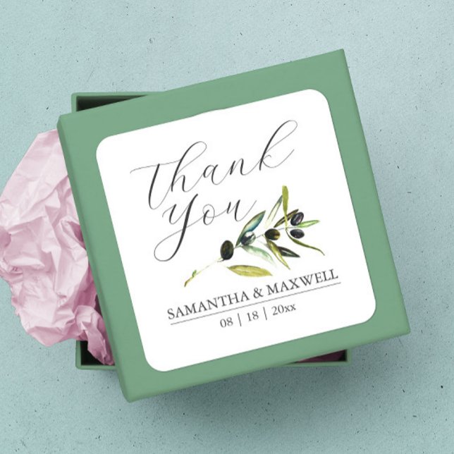 Sticker Carré Faveur de mariage à l'aquarelle Branche d'olivier (thank you sticker watercolor botanical olive branch wedding favors)