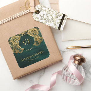 Sticker Carré Faveur de mariage à monogramme avec dentelle de fe
