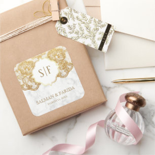 Sticker Carré Faveur de mariage à monogramme en dentelle de feui