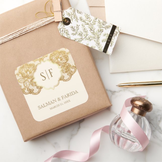 Sticker Carré Faveur de mariage à monogramme en dentelle de feui (Cadeaux)