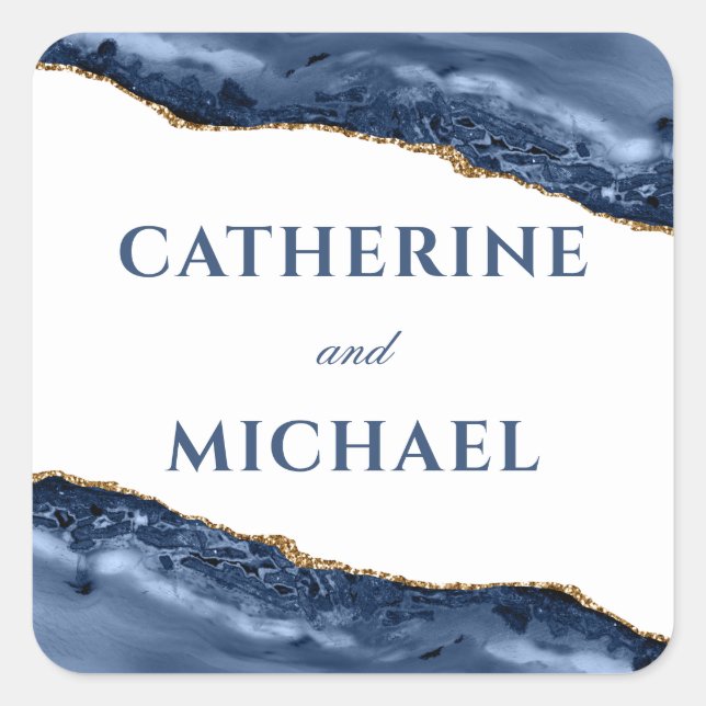 Sticker Carré Faveur de mariage avec bordure d'agate bleue et or (Devant)