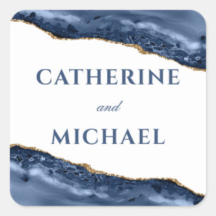 Sticker Carré Faveur de mariage avec bordure d'agate bleue et or