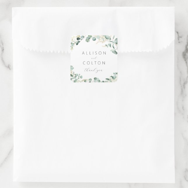 Sticker Carré Faveur de mariage bohème en verdure d'eucalyptus r (Sac)