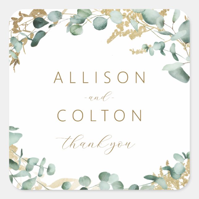 Sticker Carré Faveur de mariage bohème or eucalyptus rustique (Devant)