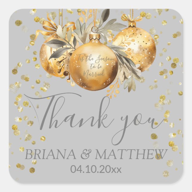 Sticker Carré Faveur de mariage de Noël Gris Or (Devant)