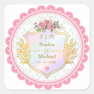 Sticker Carré Faveur de mariage Fleur de rose rose vintage moder