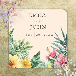 Sticker Carré Faveur de mariage Fleurs tropicales aquarelle pêch