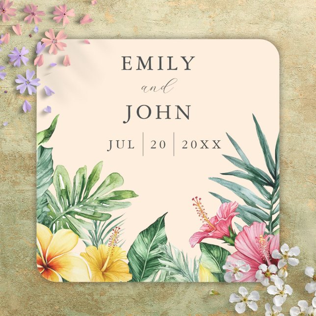 Sticker Carré Faveur de mariage Fleurs tropicales aquarelle pêch (Peach Watercolor Tropical Flowers Wedding Favor Square Sticker)