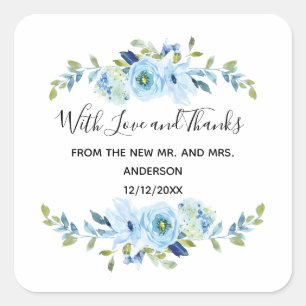 Sticker Carré Faveur de mariage florale bleue personnalisée