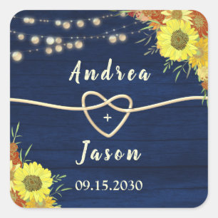 Sticker Carré Faveur de mariage rustique bleu marine Tournesols