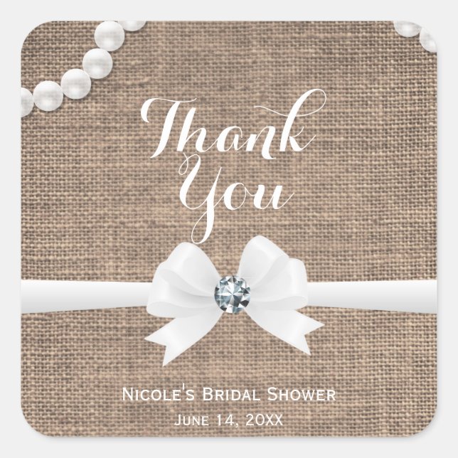 Sticker Carré Faveur de mariage rustique chic Burlap & Pearls (Devant)