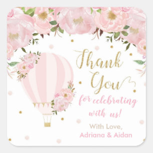 Sticker Carré Faveur de remerciement Montgolfière Florale Rose T