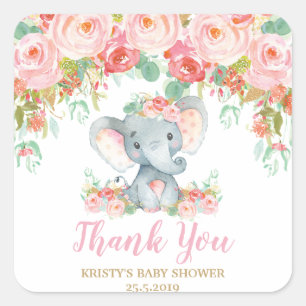 Sticker Carré Faveurs de bébé fille pour Baby Shower à l'éléphan