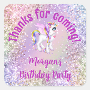 Sticker Carré Faveurs de fête d'anniversaire Licorne Magique