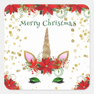 Sticker Carré Faveurs de fête Licorne Poinsettia de Noël en vert