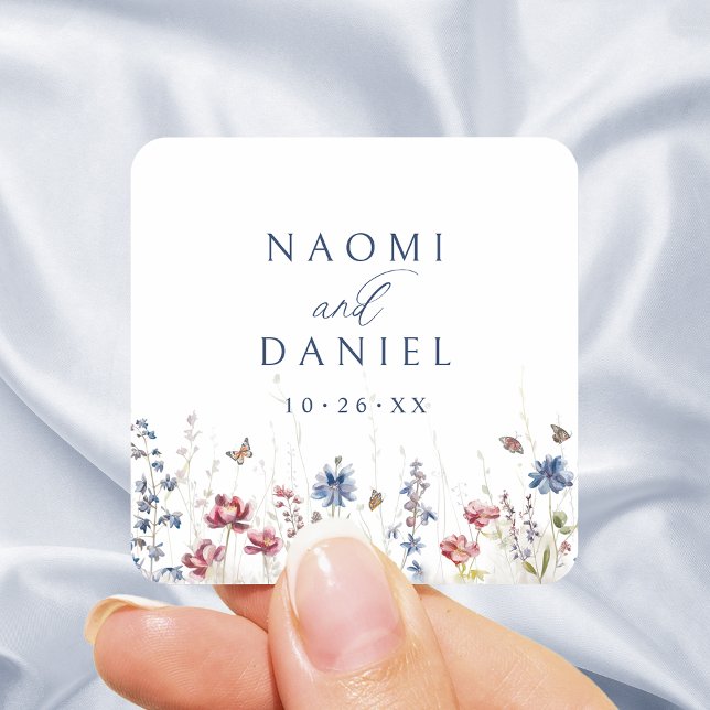 Sticker Carré Faveurs de mariage rustiques Champ de fleurs sauva (Navy Blue Wildflower Field Rustic Wedding Favors Square Sticker)