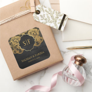 Sticker Carré Favor de mariage monogrammé dentelle feuille d'or
