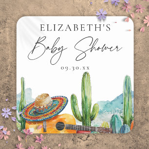 Sticker Carré Favori de Baby Shower Cactus Fête Mexicaine Aquare