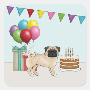 Sticker Carré Fawn Pug Conception de Chien de Dessin Animé Migno