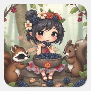 Sticker Carré Fée Chibi mangeant des mûres avec des amis de la f