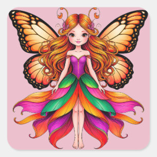 Sticker Carré Fée Colorée Avec Des Ailes De Papillon Vibrantes