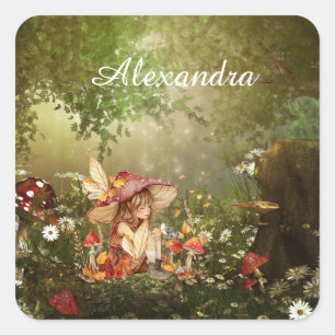 Sticker Carré Fée de champignons mignonnes dans la forêt