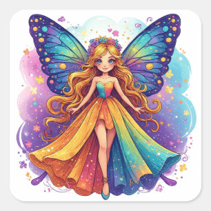Sticker Carré Fée de fantasy enchanteresse avec des ailes coloré