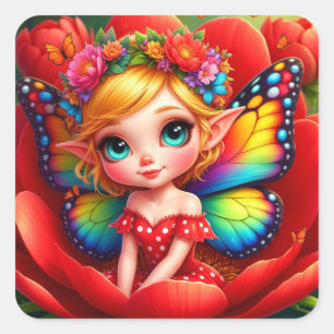 Sticker Carré Fée de Fleur Colorée Pour Amateurs de Fantaisie