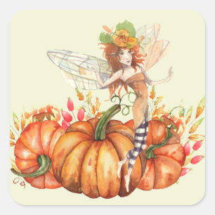 Sticker Carré Fée de forêt & Bouquet Citrouille d'automne