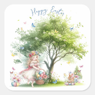 Sticker Carré Fée de printemps de Pâques à l'aquarelle