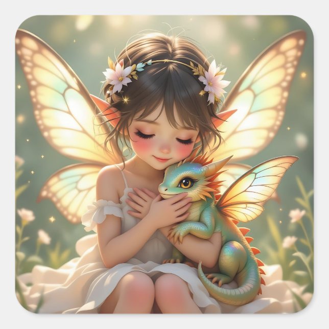 Sticker Carré Fée et Dragon | Chibi Conte de Fées Anime (Devant)